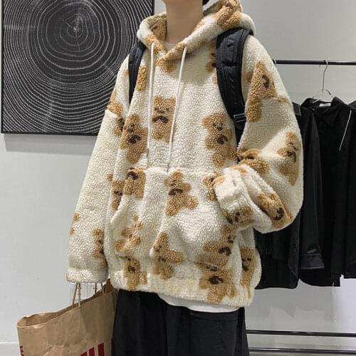 Hip Hop Lambswool Jacket Bear Print Hoodie Pullover Hoodies Men Harajuku Streetwear Loose Hooded Coat Outwear Winter Sweatshirt