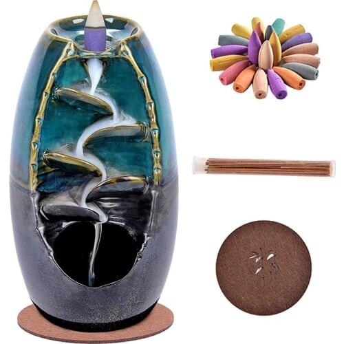New Ceramic Backflow Incense Holder Waterfall Incense Burners with 80 Backflow Incense Cones 30 Incense Stick SCI88