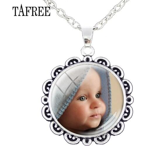 TAFREE Photo Pendants Custom Flower Lace Necklace Photo of Your Baby Mom Dad Grandparent Loved Family Gift NA01