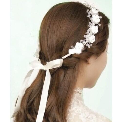 White Ceramic Flower Headband Ribbon Wreath Wedding Party Ladies Girls Garlands Floral Crown Hairband Wedding Hair Accessories