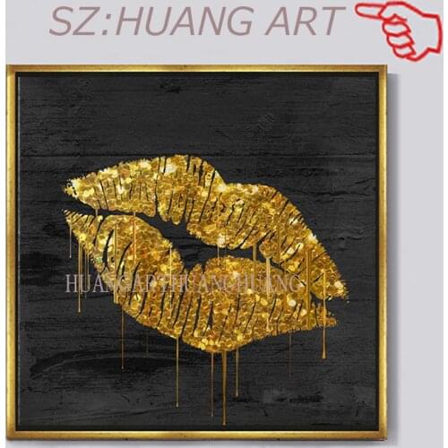 Hand-painted Fashion Modern Wall Art Pop Art Golden Lips Oil Painting Poster Canvas Wall Picture for Living Room Unframed