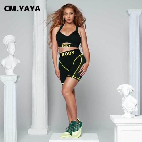 CM.YAYA Women Set Letter Print Sleeveless Strap V-neck Crop Tops Strechy Shorts Two 2 Piece Sets Active Tracksuit Summer Outfits
