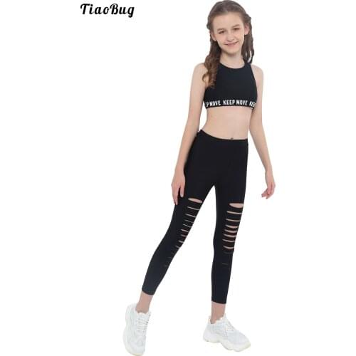 2021 Black Girls 2Pcs Sportsuits Sleeveless Crisscross Back Crop Top with Elastic Hollow Front Leggings Tranining Tracksuit