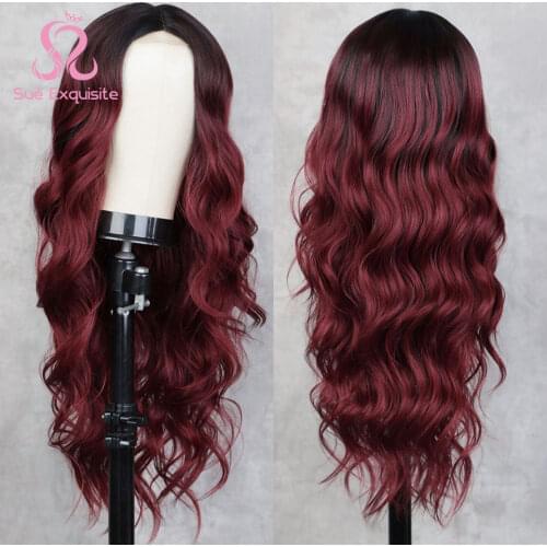 SUe EXQUISITE Long Body Wave Red Wig Synthetic Wigs for Black Women Natural Middle Part Lace Wig Brown Black Cosplay Hairs