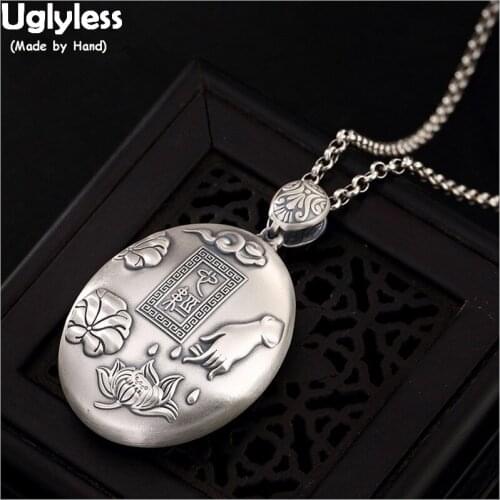 Uglyless 999 Fine Silver Oval Pendants for Women Religious Heart Sutra Necklaces NO Chains Real Silver Buddha Hand Lotus Jewelry