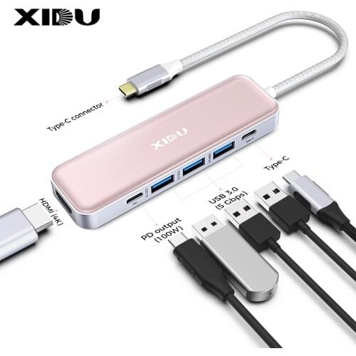 XIDU USB C HUB to HDMI-compatible USB 3.0 2.0 PD Charging Adapter 6 in 1 Type C HUB Dock for MacBook Pro Air USB C Splitter