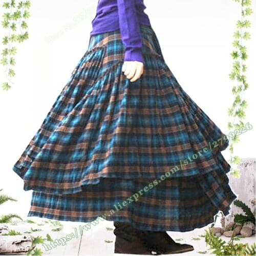 Female Plus Size 6XL 7XL 8XL XXXXL Vintage Casual 100% Cotton Plaid Grid Pleated Asymmetrical Maxi Long Ladies Skirts Womens
