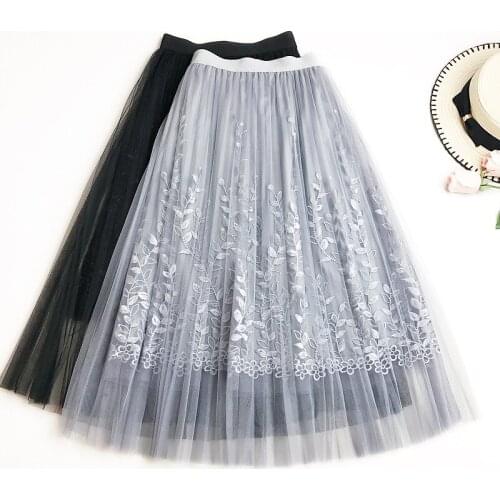 2020 High Waist Mesh Summer Boho Long Lace Skirt Embroidery Women A-Line Beige Skirts Femme Faldas Saias