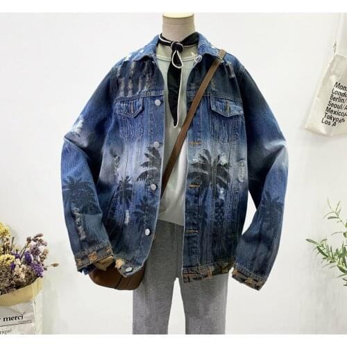 Vintage Harajuku Tie-dye Printed Women Hole Denim Jacket Autumn Loose Casual Couple Outfit Lapel Long Sleeve Female Jeans Jacket