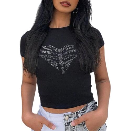 Womens Rib Knit T-Shirts Short Sleeve Round Neck Heart Skeleton Rhinestone Crop Tops