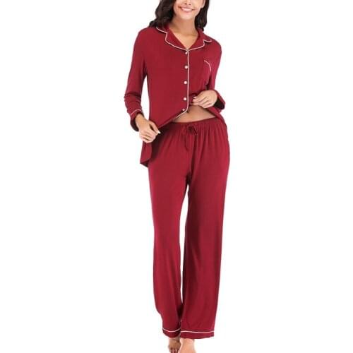 Womens Pajamas Sleepwear Elegant Solid Autumn Long Sleeve Lapel Top+Pant Ladies V-neck Button Two Piece Women Sets