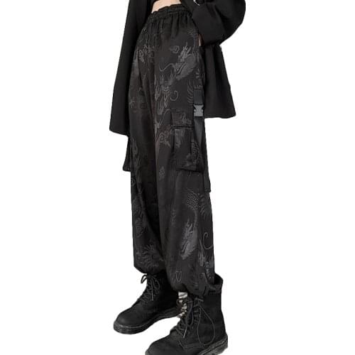 Harajuku Women Pants Dragon Printed High Waist Loose Black Cargo Pants 2019 New Fashion Retro Chinese Style Pants Unisex