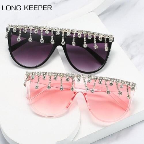 Women Oversized Sunglasses Luxury Brand Tassel Crystal Diamond Square Sun Glasses Ladies Eyewear Rhinestone Glasses UV400 Oculos