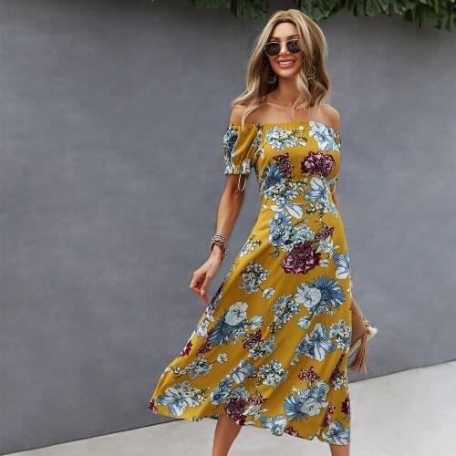 Bohemian 2021 New Summer Dress One Shoulder Slim High Waist Floral Printed Beach Sundress Ankle Length Womens Dress Vestidos