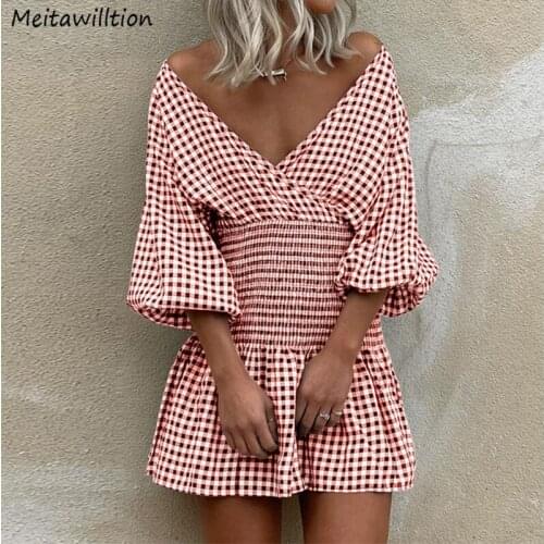 Sexy V Neck Off Shoulder Dress Women Lantern Sleeve High Waist A-Line Mini Dress 2021 Vintage Elegant Plaid Party Dresses
