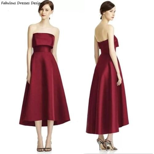 Fashion High Low Bridesmaid Dresses Burgundy Tea Length A Line Strapless Boat Neck Prom Dress Vestido De Fiesta De Boda