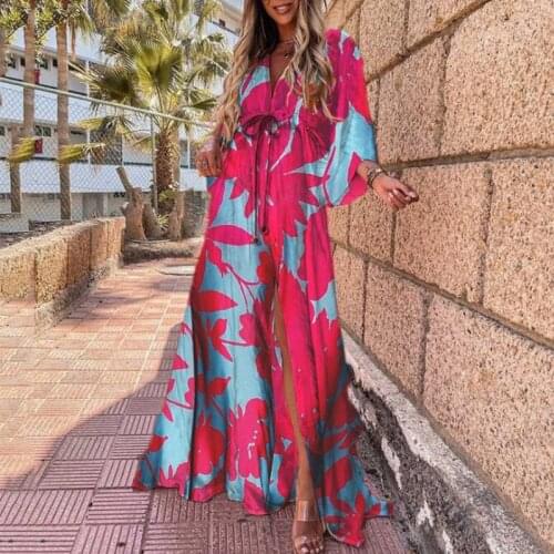2021 Autumn Vintage Floral Print Loose Party Dress Women Sexy V Neck Elastic Waist Slit Long Dress Lady Robe Maxi Beach Dresses