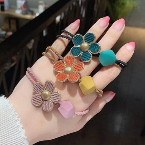 5PCS/Set Candy Color Cute Flower Ornament Hair Bands Colorful Elastic Hairbands for Girls Scrunchie Ponytail Hair Accessories