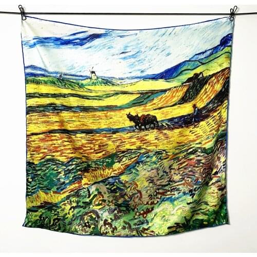 90cm spring new hand-rolled VanGogh oil Painting starry sky wheat field ladies large square shawl sunscreen scarf Kerchief Hijab