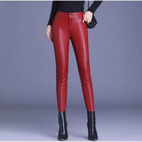 Spring Fall Women Clothing High Waisted Black Wine Red Skinny Pu Leather Pants , Fashion Slim Trou 4xl 5xl Trousers for Woman