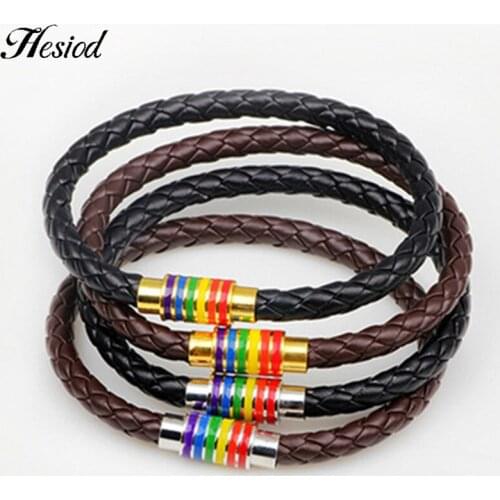 Black Brown Genuine Braided Leather Bracelets Men Women Stainless Steel Rainbow Magnetic Buckle Charms Bracelet Vintage Jewelry