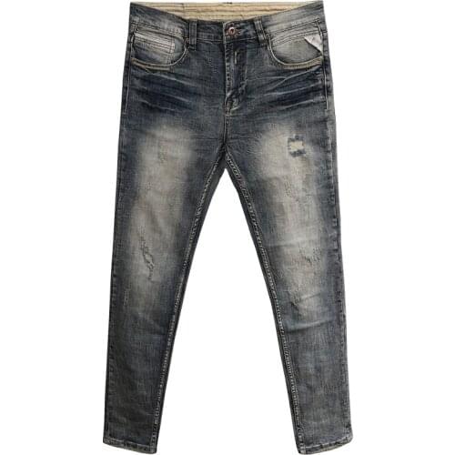 Men Jeans Retro Yellow Washed Slim Fashion Streetwear Fit Ripped Jeans Men Vintage Designer Denim Pants Hip Hop Jeans Homme