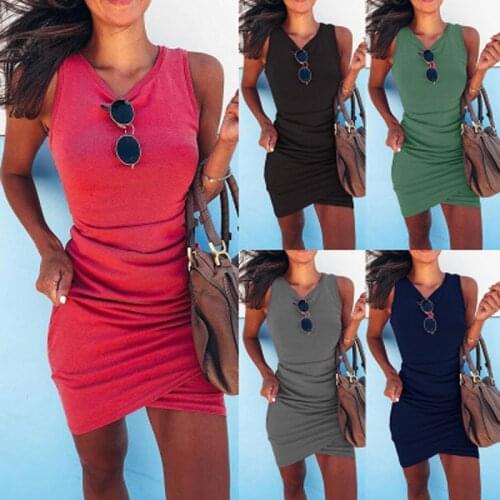 Elegant Women Summer Pencil Dress Irregular Winkle Design Sleeveless O-Neck Solid Color Slim Hips Mini Dress