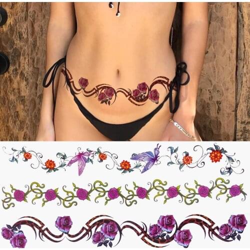 Purple Flower Temporary Tattoos For Women Girls Fake Butterfly Tattoo Sticker Sexy Rose Vines Long Waist Body Tatoos Watercolour