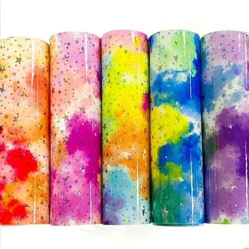 Holographic Mirror Effect Star Printed Cloud Iridescent Colorful PU Faux Leather for Making Shoe/Bag/DIY Accessories/Belt