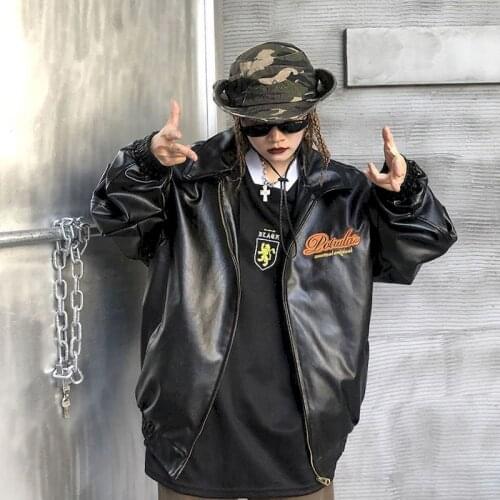 High street leather jacket women autumn oversize loose zipper lapel motorcycle windbreaker short coat casual chic female clothes