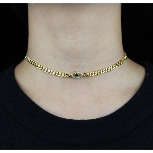 Gold color fashion jewelry cute lovely evil eye charm 5mm plain cuban link chain lucky girl women necklace