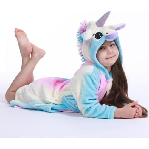 Autumn Winter Kids Sleepwear Robe Flannel Unicorn Hooded Bathrobe For Boys Girls Teenagers Kigurumi Animal Pajamas For Children