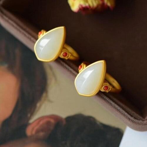 S925 Sterling Silver Vintage Natural Hetian Jade White Jade Water Drop Ring Exquisite Refined Grace Ornament for Women