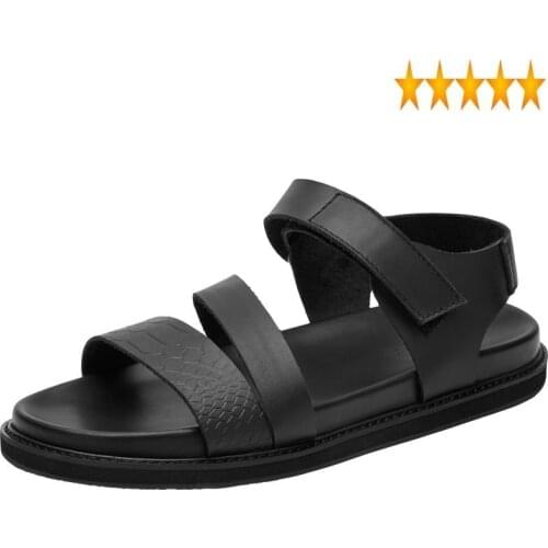 Leather Luxury Genuine Summer Black Flat Roman Men Breathable Footwear Casual Shoes Fashion Hook Loop Walking Sandals