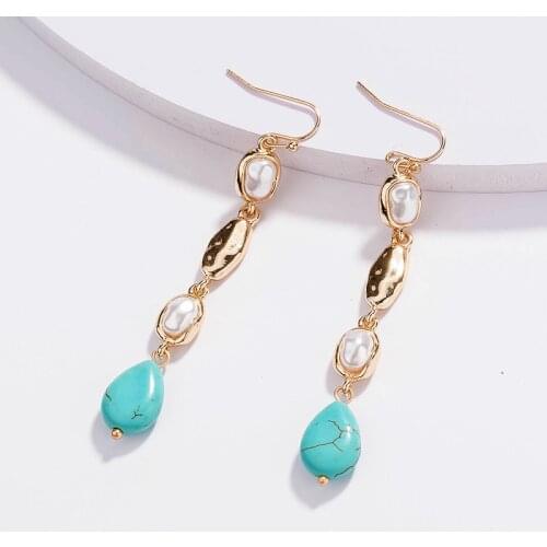 Minar Personality Blue Color Natural Stone Long Earring for Women Gold Color Alloy Irregular Geometric Drop Dangle Earrings Gift
