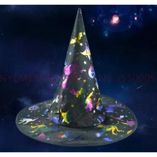 Witch Pointed Cap Colorful Star Print Halloween Costume Party Hats Women Men Halloween Costume Accessory Devil Cap 50pcs