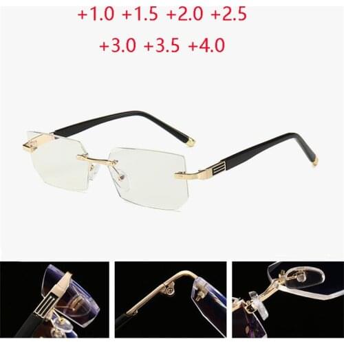 Blue Light Blocking Frameless Farsighted Glasses For Elderly Metal Rimless Sqaure Reader Glasses Magnifier +1.0+1.5+2.0 To +4.0