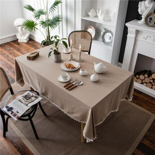 Washed Cotton Tablecloth Solid Color With White Ball Lace Table Cover Home Dining Rectangular Tea Table Decoration