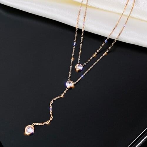 Super Shiny Zircon Titanium Steel Necklace For Women Simple Gold Color Double Layer Pendant Necklaces Fashion Jewelry Gift