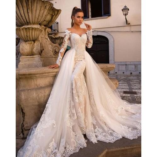 Mermaid Wedding Dresses With Detachable Train Vestido De Noiva Sereia Long Sleeve Lace Trumpet Wedding Gowns China Mariage
