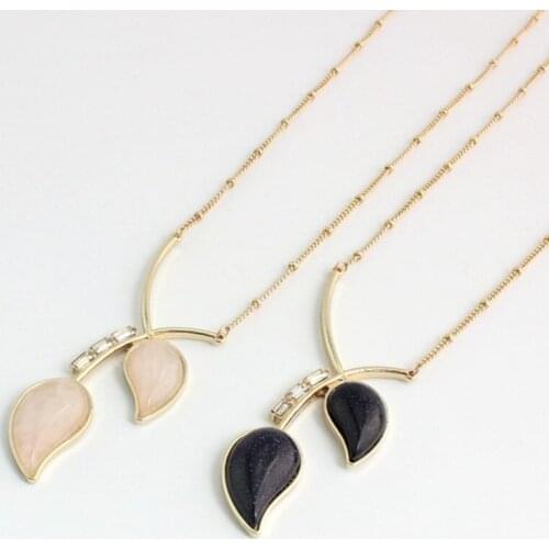 Light Yellow Gold Color Layer Leaf Rose Pink Quartz Pendant Link Chain Necklace Blue Sand Stone Jewelry