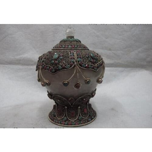 Tibet Folk craftwork Silver crystal inlay Ruby beryl gemstone Tank Pot Vase Jar
