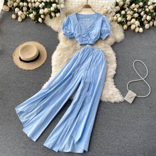 Short Sleeve Crop Top + Split Irregular Wide Leg Pants Fashion 2 Piece Outfits For Women New 2021 Summer Ladies Casual Suit Set