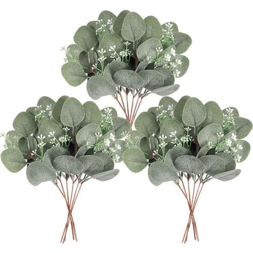 24Pcs Artificial Seeded Eucalyptus Leaves Stems Faux Silver Dollar Eucalyptus Plant Branches for Wedding Holiday Decor
