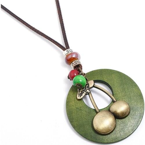 Cherries Ethnic Wood Long Vintage Bead Charms Bronze Pendants Leather Necklace Women Sweater Chain Female Men Jewelry