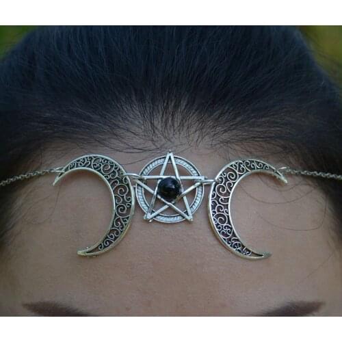 Vintage Wiccan Crescent Moon Pentagram Head Chain Wedding Hair Jewelry Crown For Bride Witch Pagan Jewelry