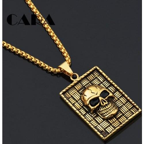 New Vintage 316L Stainless steel square casting Skull skeleton tablet necklace pendant Gothic chain mens necklace CAGF0342