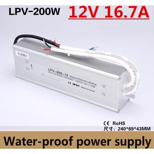 IP67 200W 12V 16.5A Waterproof LED Driver outdoor use for led strip power supply Lighting Transformer adapter power LPV-200-12