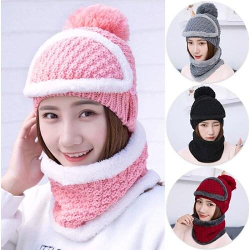 Knitted Beanies Hats Women Thick Warm Beanie Skullies Hat Female Knit Bonnet Beanie Caps Riding Hat Scarf Mask 3 Pieces Sets