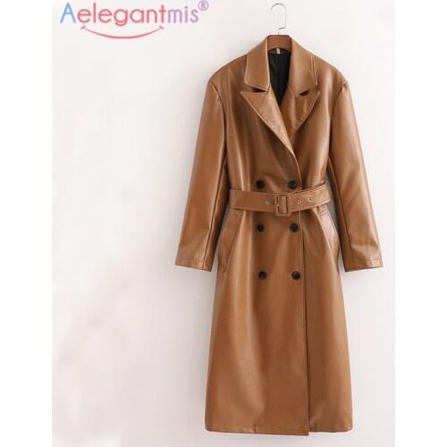 Aelegantmis Korea Casual Long Faux Leather Jacket Women Sashes Loose Vintage Pu Trench Coat Female Windbreake Outwear Streetwear